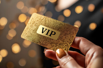 woman holding a shiny golden vip membership card close up