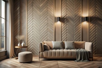 Herringbone design adds depth and warmth to the living room decor, generative AI