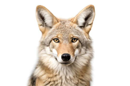 Cute coyote looking at camera. Head close-up portrait of coyote. White Isolated background. Generative AI