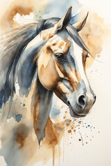 Obraz premium Close-up watercolor illustration of a horse's face with a flowing mane. Detailed and artistic animal portrait. Animal and nature concept for design and print.