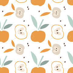 Seamless Apple pattern. Print in Printmaking style. Abstract natural background in pastel colors with raster texture effect. Repeated Hand-drawn print for wallpaper, textile, wrapping, packaging.