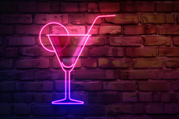 Realistic Neon Cocktail Glass Sign on Wall (generative AI)