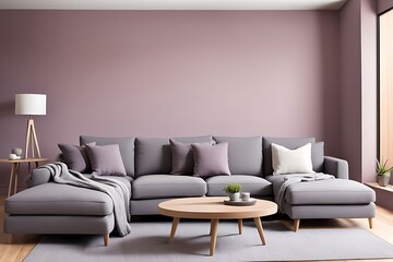 Luxury Living Room in Warm Colors: Elegant Brown Beige Walls, Light Gray Furniture, Microcement Art Background, Rich Interior Design, 3D Office Reception Mockup