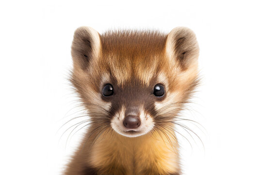 Cute marten looking at camera. Head close-up portrait of marte. White Isolated background. Generative AI