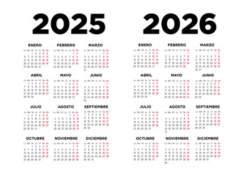 Calendario 2025 2026 en español. Semana comienza el lunes. Sábados y domingos en rojo. Ilustración	
