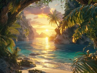 Fototapeta premium Hidden tropical paradise with a remote island, stunning rock formations, and a tranquil lagoon, bathed in the golden light of sunset