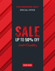 Vertical Sale banner with diagonal stripes or ribbons. Red abstract discount background for promotion, Big Sale, Special Offer, advertising, leaflets, flyers, social media post. Vector illustration