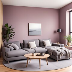 Luxury Living Room in Warm Colors: Elegant Brown Beige Walls, Light Gray Furniture, Microcement Art Background, Rich Interior Design, 3D Office Reception Mockup