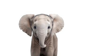 Fototapeta premium Cute little elephant looking at camera. Head close-up portrait of young elephant. White Isolated background. Generative AI
