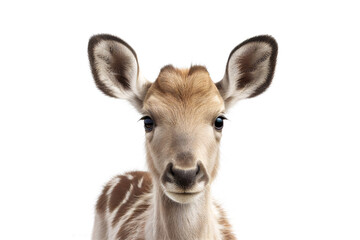 Cute young deer looking at camera. Head close-up portrait of deer. White Isolated background. Generative AI