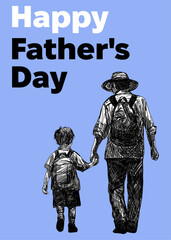 Happy Father's Day template poster design with dad and son go hiking camping trip hand drawn sketch line art vector illustration