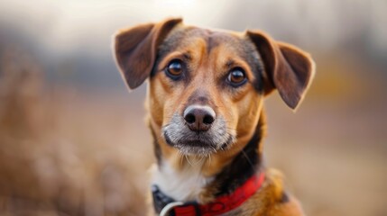 A mixed breed dog with a red collar gazing at the camera