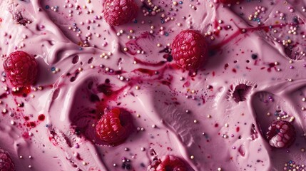 berry ice cream with fresh raspberries and ink covered with sprinkles