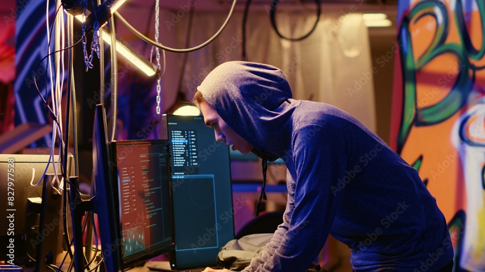 Poster hackers hearing police sirens while using network vulnerabilities to exploit servers, running to not