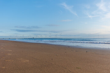 Dutch Beach with Offshore Wind Turbines in the Background