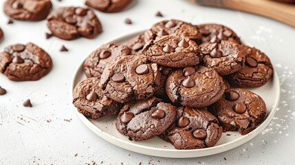 Obraz premium Plate of chocolate brownie cookies on light background. Generative Ai