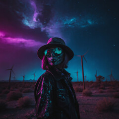 ghoul zombie woman in a neon wasteland with wind turbines in the distance