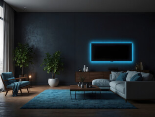 Smart TV in modern living room with blue lighting and connected blue neon lights for a stylish look. 3d render. Generative ai.