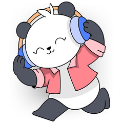 panda girl smiling while listening to music from headphones, love song