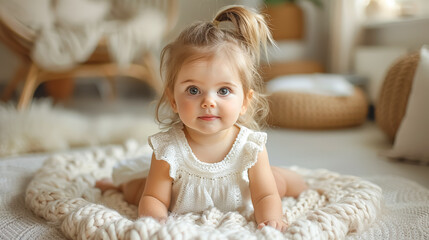 Fototapeta premium A baby girl is laying on a blanket on the floor. She is wearing a white dress and has her hair in a ponytail