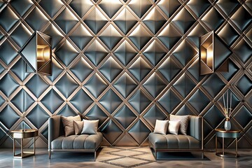 Diamond wall patterns and metallic finishes add glamour to the living room, generative ai