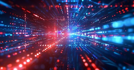 Naklejka premium Abstract background of glowing blue and red data technology, big digital elements in the dark space with a glow effect. Abstract futuristic illustration