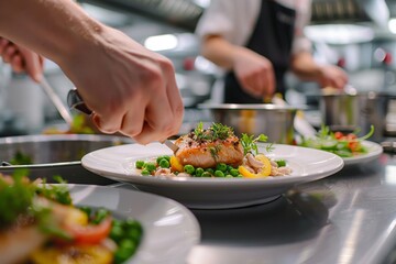 Chef adding final touches to a gourmet dish, emphasizing culinary excellence, meticulous presentation, and vibrant colors in a professional kitchen setting