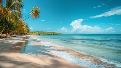 Panorama beach with palm trees and clouds in the sky