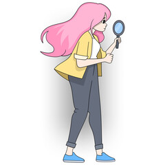 beautiful woman carrying a magnifying glass is busy looking for creative social media content ideas