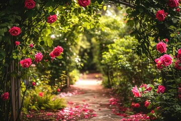 Obraz premium rose garden with a path between rose bushes