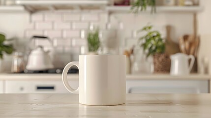 Fototapeta premium キッチンのテーブルに置かれた白いマグカップ