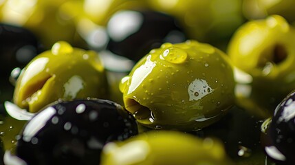 Close up of Green and Black Olives Macro Photography