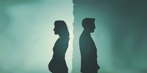 A couple silhouette background looking in different direction , in marriage clash and about to get divorce or to separate, double exposure