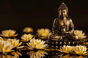 Fototapeta premium Gold Buddha statue and yellow lotus flowers on empty dark background with copy space, yoga, meditation and relaxation time