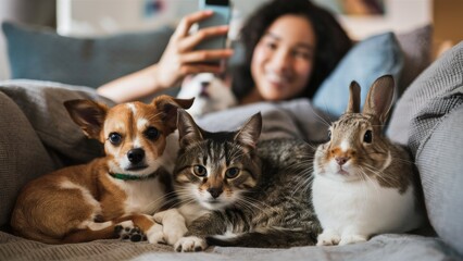 A woman taking a picture of her pets on the couch, AI