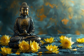 Fototapeta premium Gold Buddha statue and yellow lotus flowers on empty dark background with copy space, yoga, meditation and relaxation time