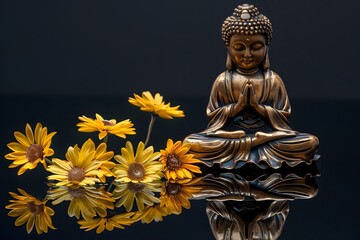Fototapeta premium Gold Buddha statue and yellow lotus flowers on empty dark background with copy space, yoga, meditation and relaxation time