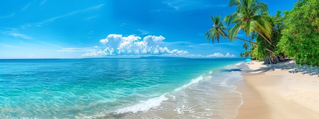 Panorama beach with palm trees and clouds in the sky