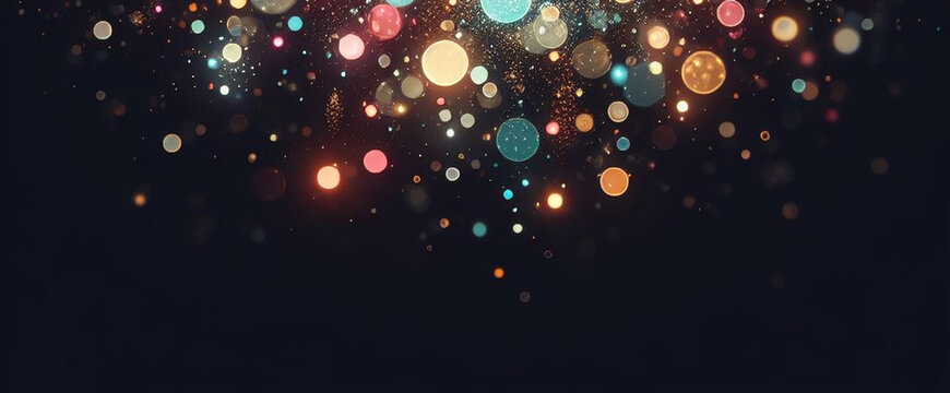 Black banner dark bokeh particles glitter awards dust gradient abstract background. Futuristic glittering in space on black background blank empty with copy space for product design or text copyspace