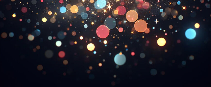 Black banner dark bokeh particles glitter awards dust gradient abstract background. Futuristic glittering in space on black background blank empty with copy space for product design or text copyspace