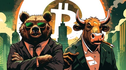Wall Street Bull & Bear Crypto-Currency Market Artwork: Bear and bull in suits eyeing bitcoin logo with upward green arrow, vector Illustration.