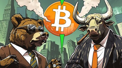 Wall Street Bull & Bear Crypto-Currency Market Artwork: Bear and bull in suits eyeing bitcoin logo with upward green arrow, vector Illustration.