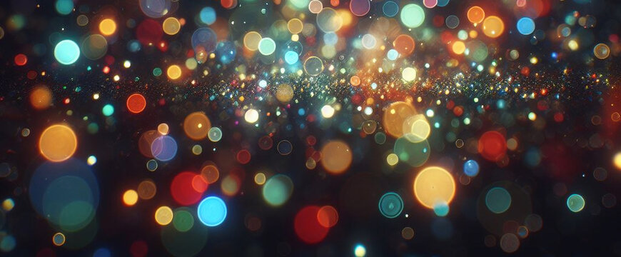 Black banner dark bokeh particles glitter awards dust gradient abstract background. Futuristic glittering in space on black background blank empty with copy space for product design or text copyspace