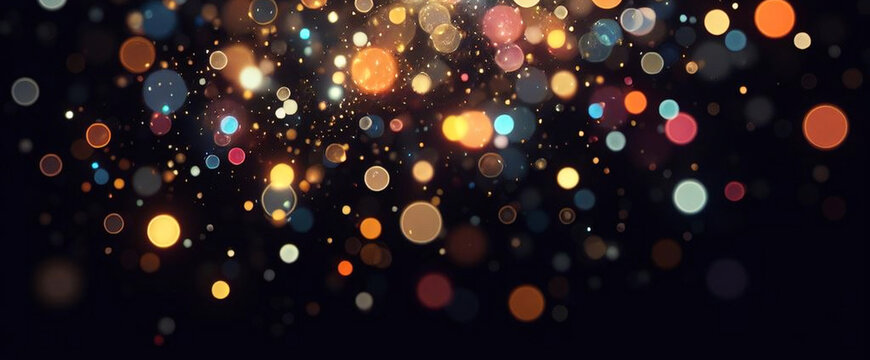 Black banner dark bokeh particles glitter awards dust gradient abstract background. Futuristic glittering in space on black background blank empty with copy space for product design or text copyspace