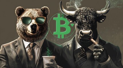 Wall Street Bull & Bear Crypto-Currency Market Artwork: Bear and bull in suits eyeing bitcoin logo with upward green arrow, vector Illustration.
