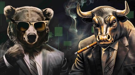 Wall Street Bull & Bear Crypto-Currency Market Artwork: Bear and bull in suits eyeing bitcoin logo with upward green arrow, vector Illustration.