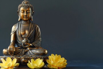 Fototapeta premium Gold Buddha statue and yellow lotus flowers on empty dark background with copy space, yoga, meditation and relaxation time