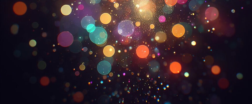 Black banner dark bokeh particles glitter awards dust gradient abstract background. Futuristic glittering in space on black background blank empty with copy space for product design or text copyspace