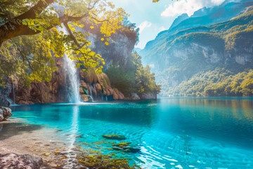 Breathtaking waterfall, serene lake, majestic mountains