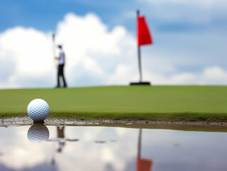 Obraz premium Golf Playing, Golf balls on Golf Club, Professional golf course, Golfer putting golf ball on the green golf, Golf Players Playing, Ai Generated Photo